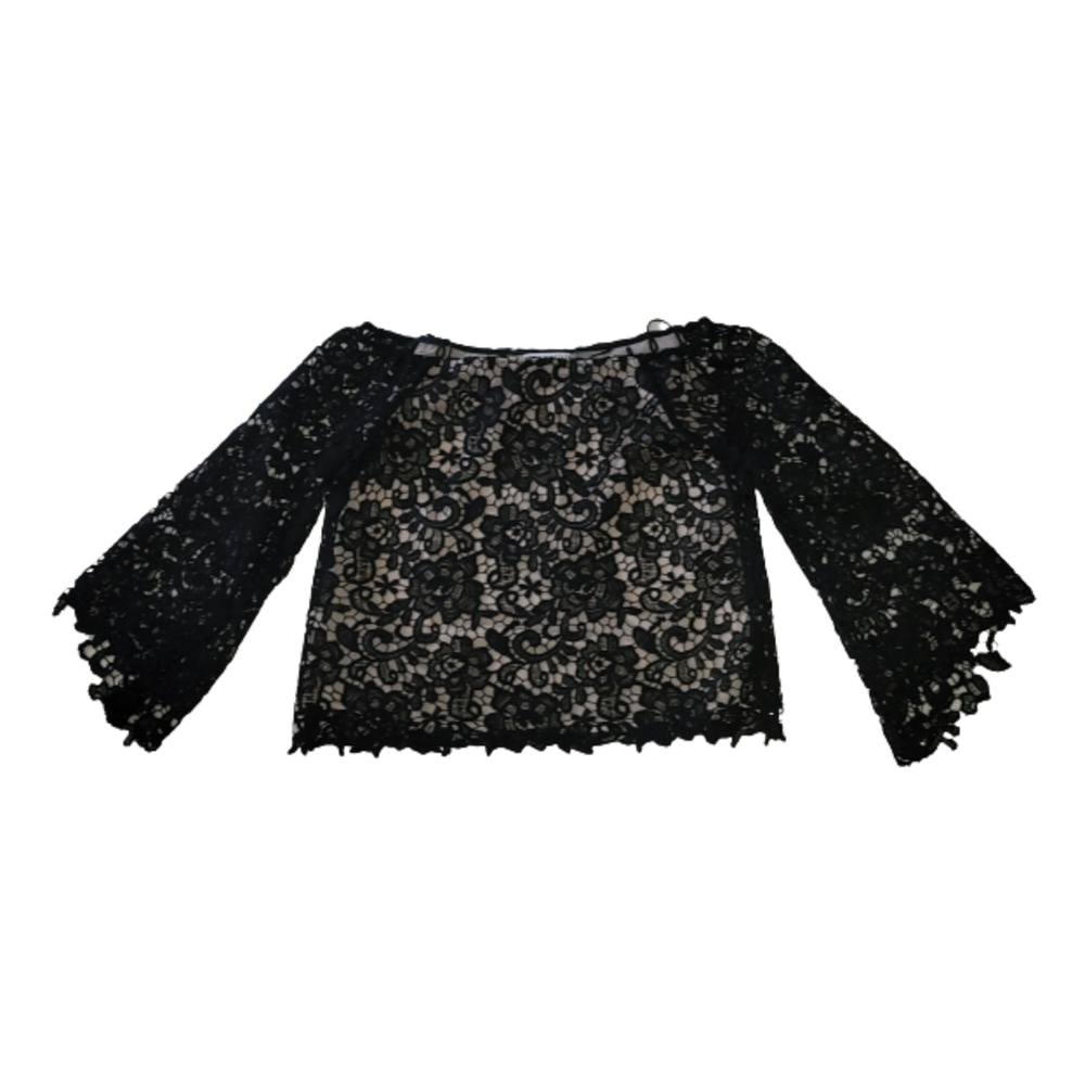 Alice+Olivia Prena Silk Blend Lace Trumpet Sleeve Top Black Size Small NWOT - Picture 10 of 15